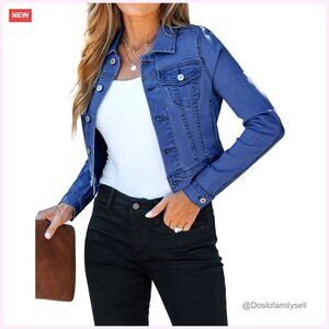 Cropped Denim Jacket Stretchy Lightweight Fitted with Pockets